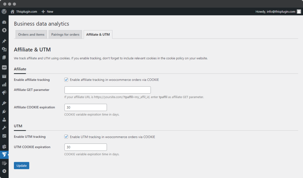 Tab Affiliate and UTM in Business data analytics plugin