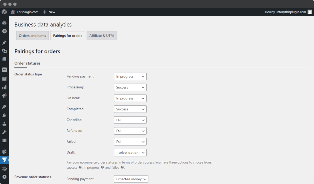 Tab Pairings for orders in Business data analytics plugin