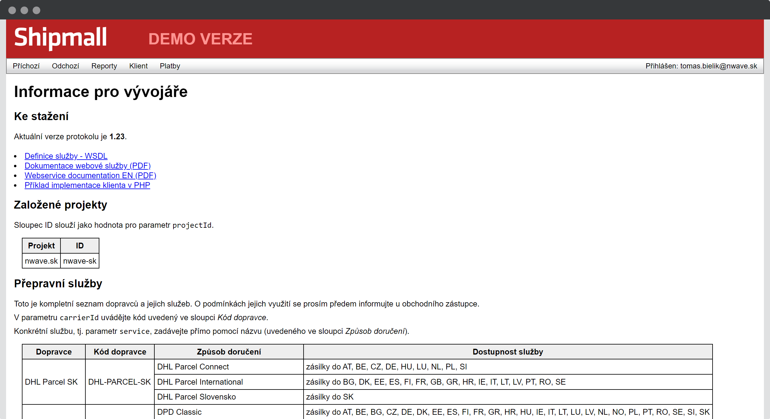 The Clients - Information for Developers page provides information about setting up shipping methods