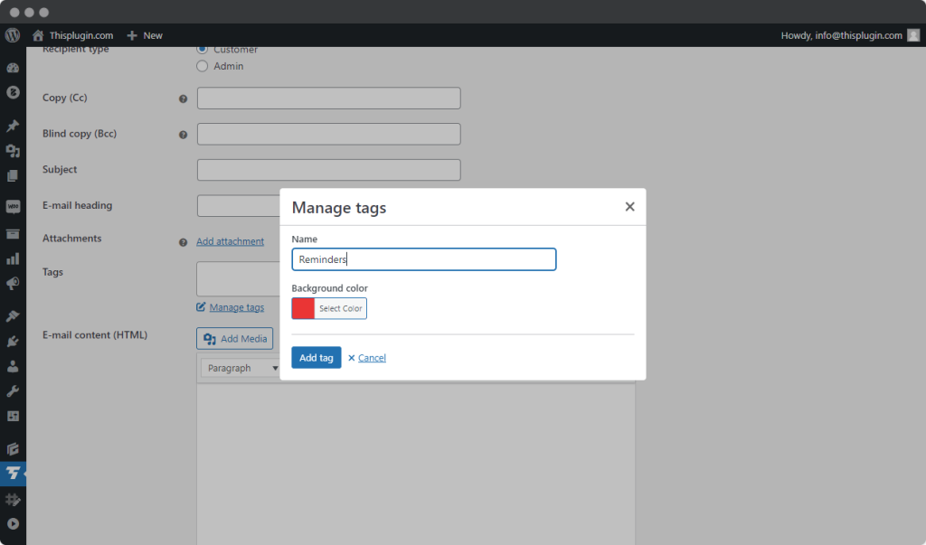 Tab E-mails management - New email - Manage tags - New tag in Advanced emails for Woocommerce