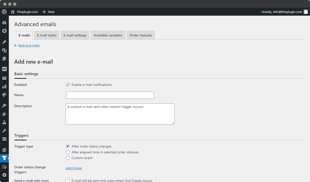 Tab E-mails management - New email in Advanced emails for Woocommerce