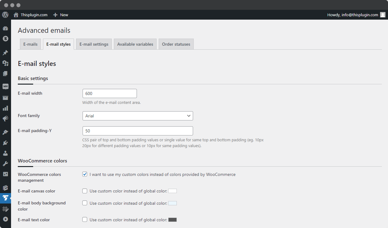 Tab E-mail styles in Advanced emails for Woocommerce