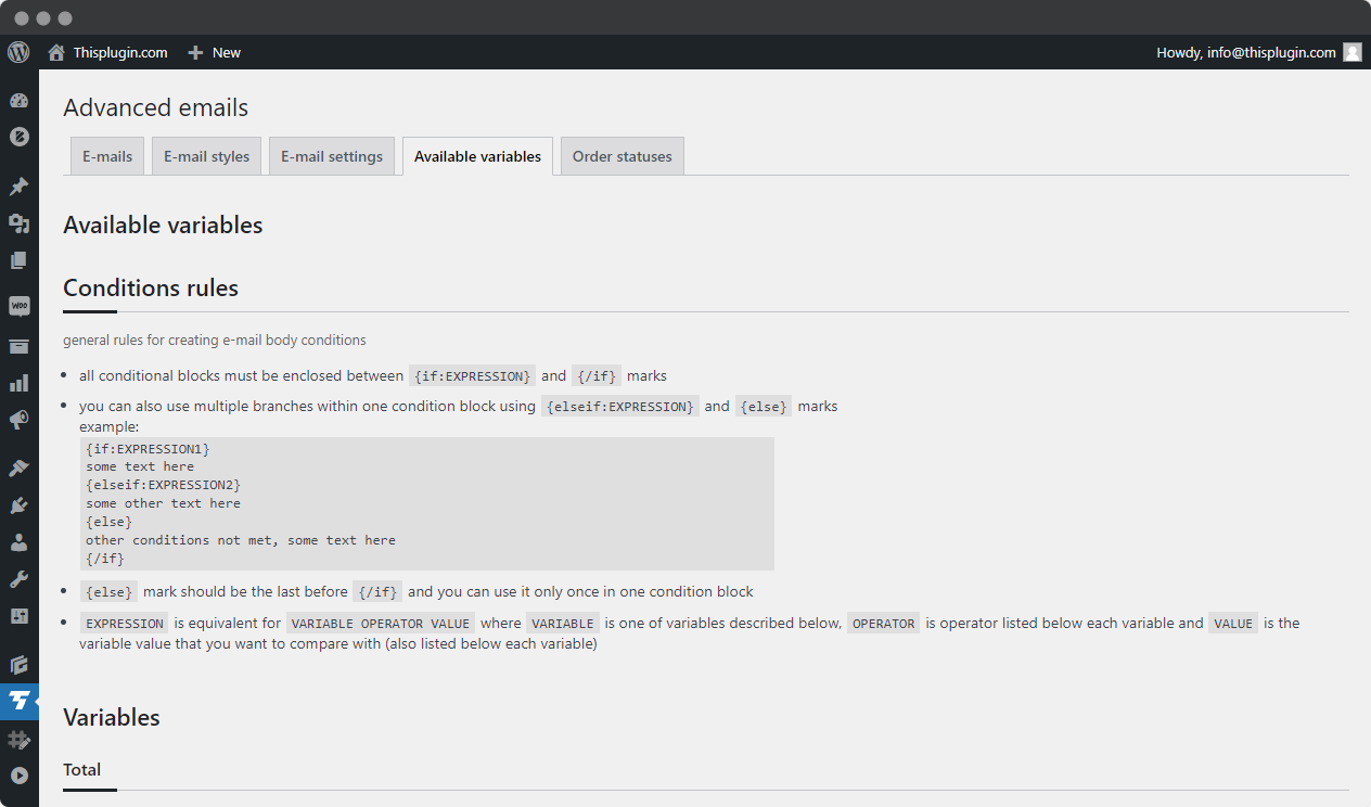 Tab Available variables for conditional E-mail content in Advanced emails for Woocommerce