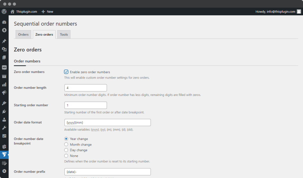 Tab Zero Orders settings in Sequentional order numbers plugin