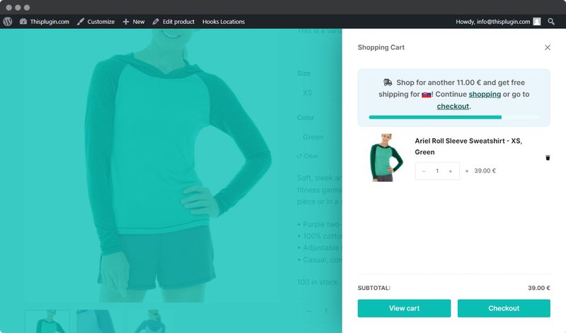 Open e-shop in the web browser with a sample of what the free shipping bar looks like
