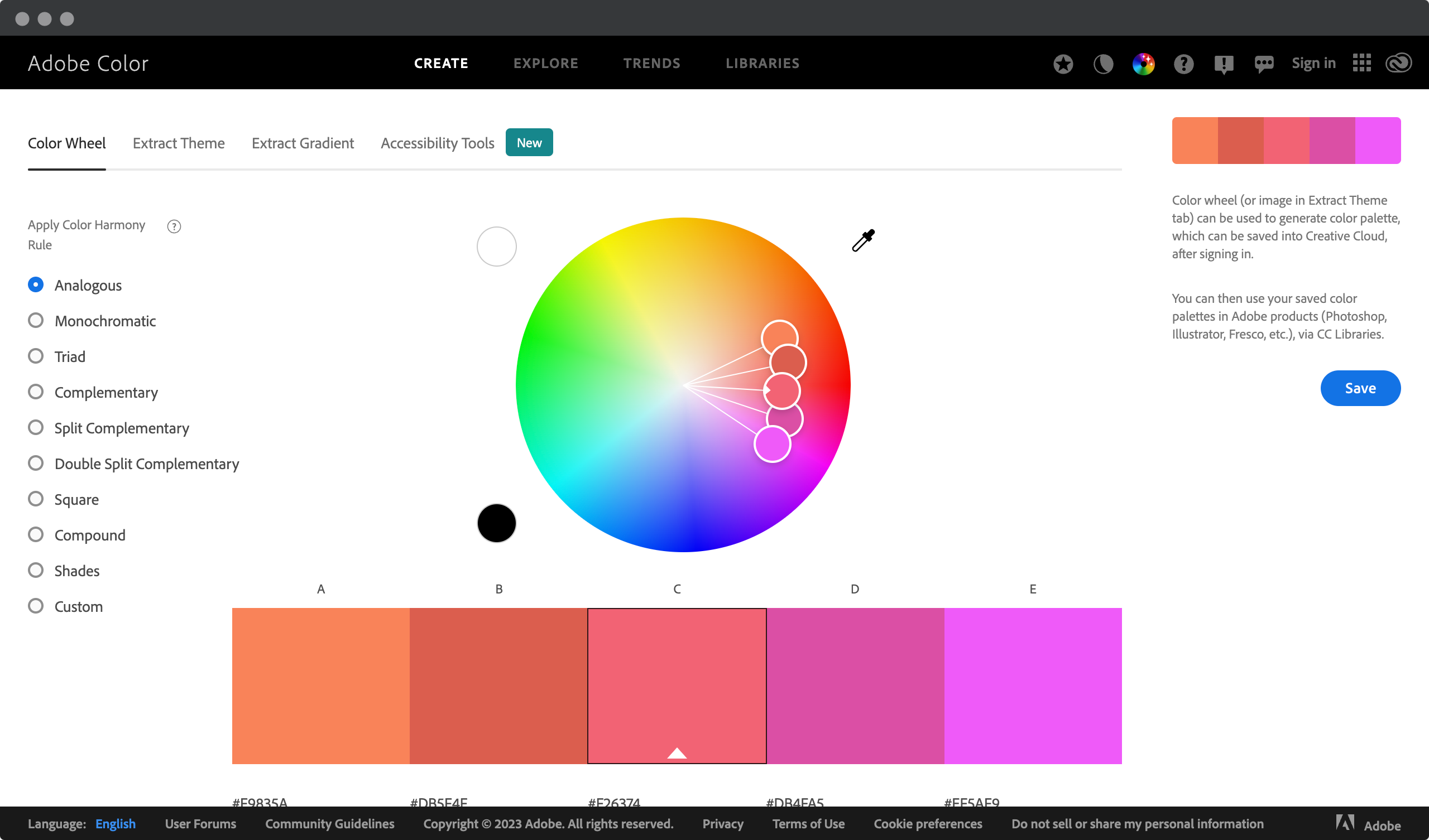 Screenshot of a Web page showing the analogous colors in Adobe Color Wheel tool