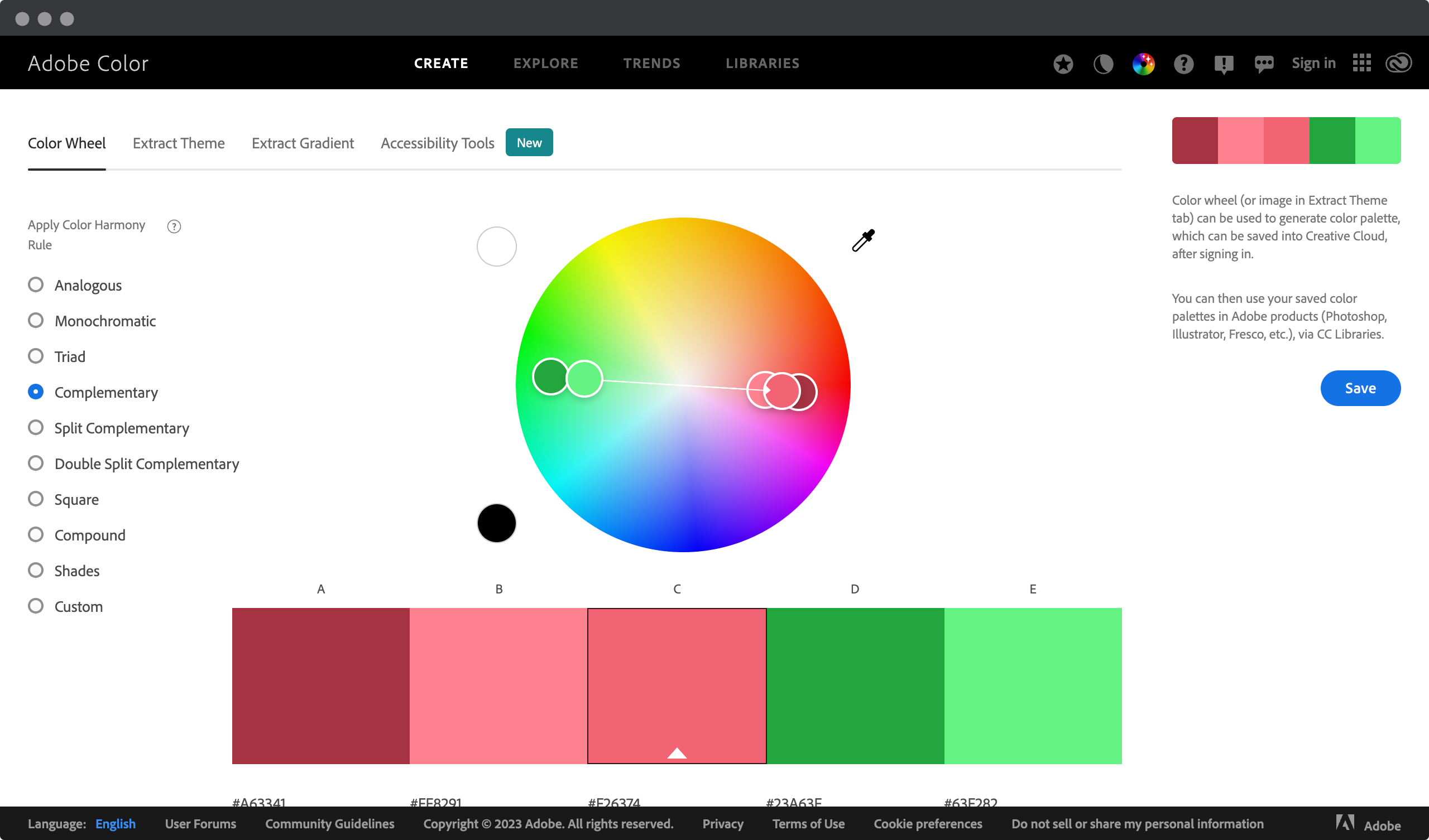 Screenshot of a Web page showing the complementary colors in Adobe Color Wheel tool