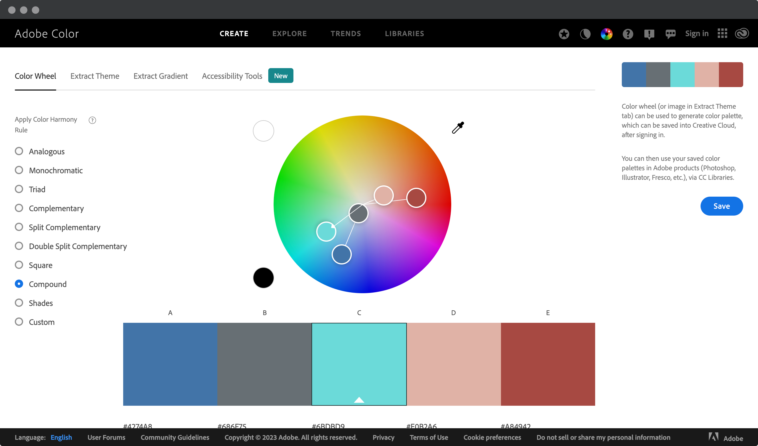 Screenshot of a Web page showing the compound colors in Adobe Color Wheel tool