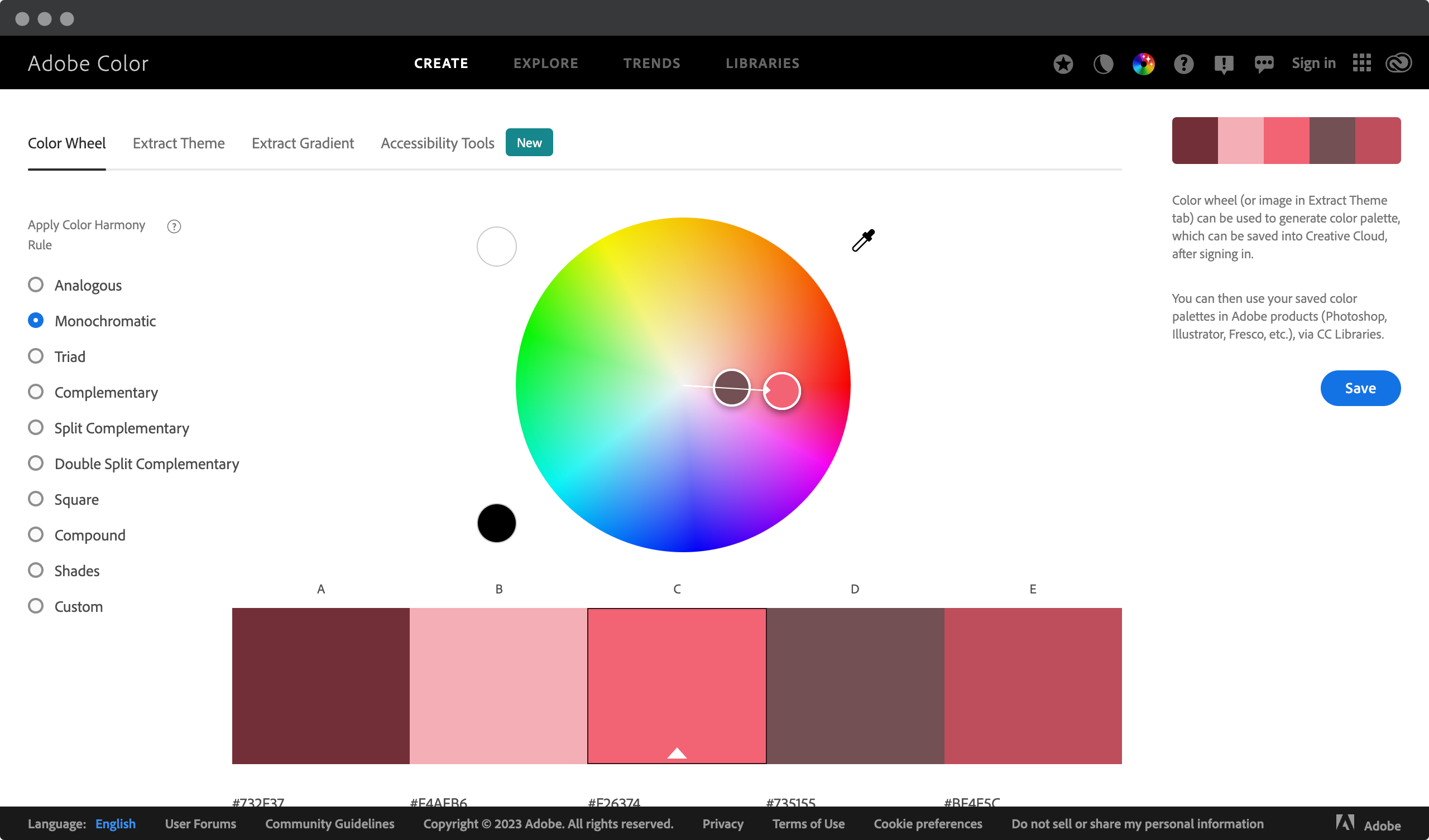 Screenshot of a Web page showing the monochromatic colors in Adobe Color Wheel tool
