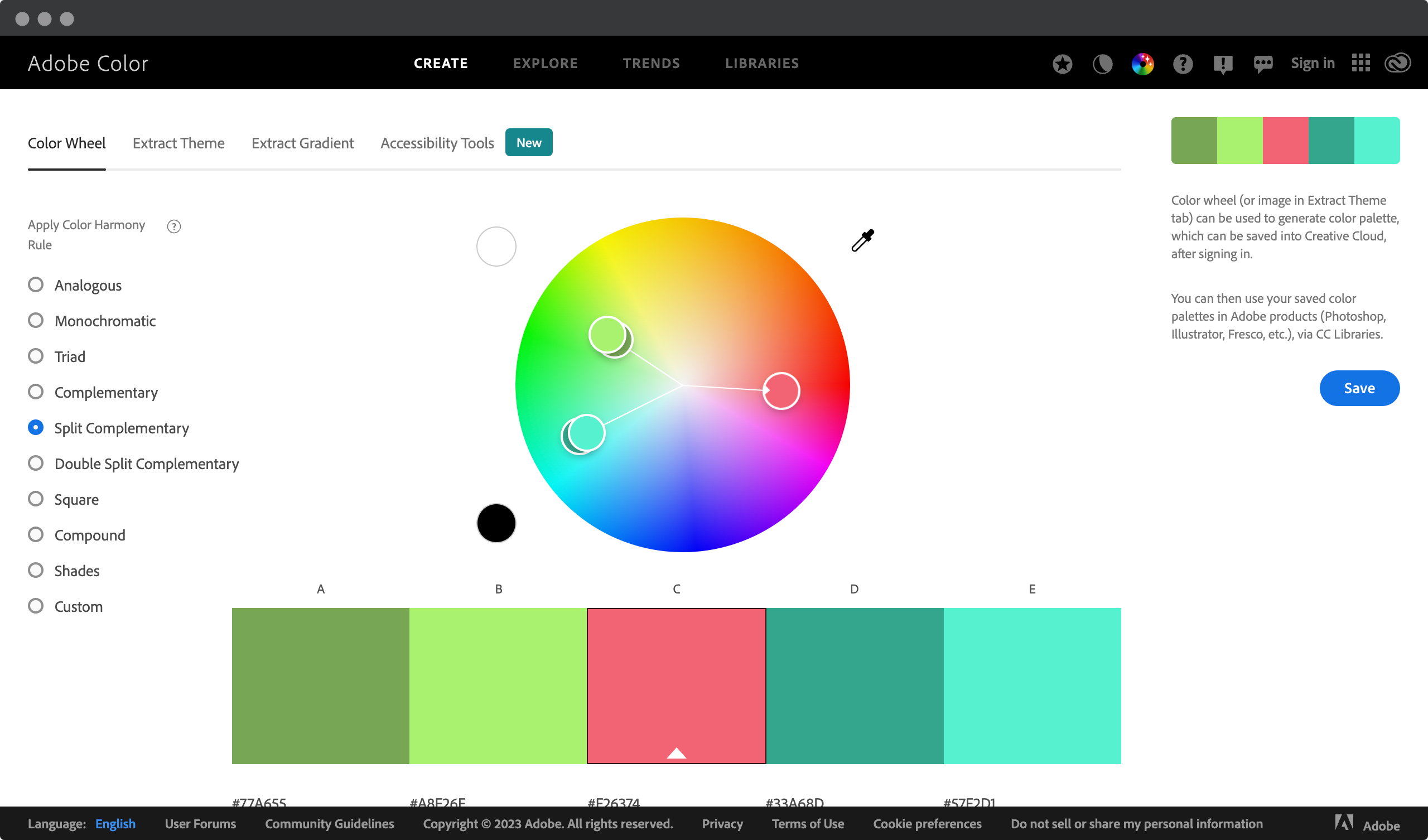 Screenshot of a Web page showing the split complementary colors in Adobe Color Wheel tool