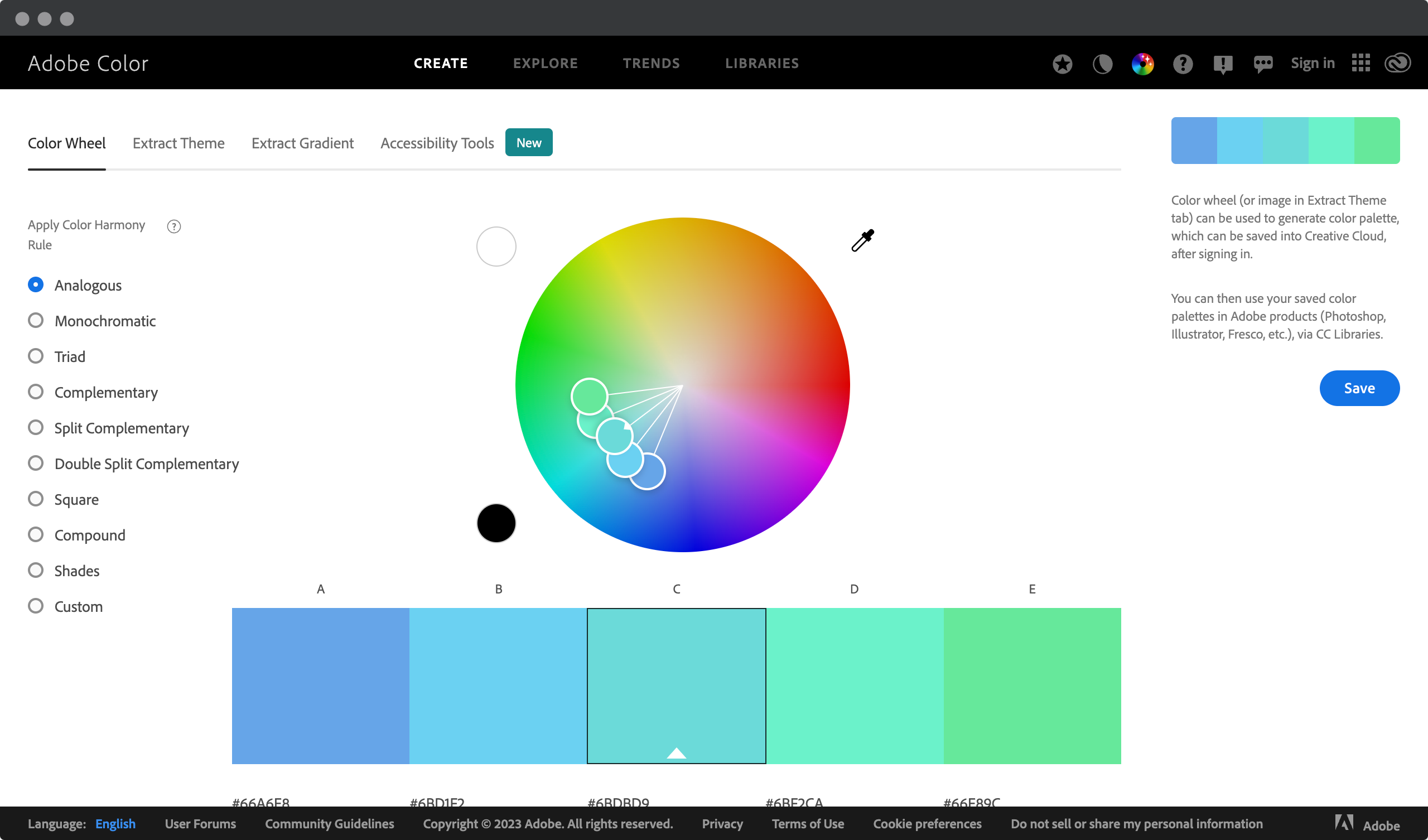 Screenshot of a Web page showing the Adobe Color Wheel tool