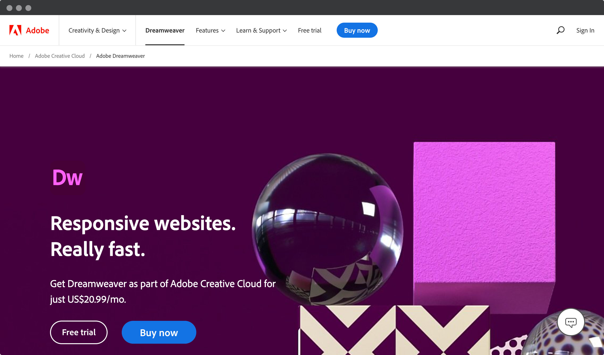 Screenshot of the Adobe Dreamweaver website