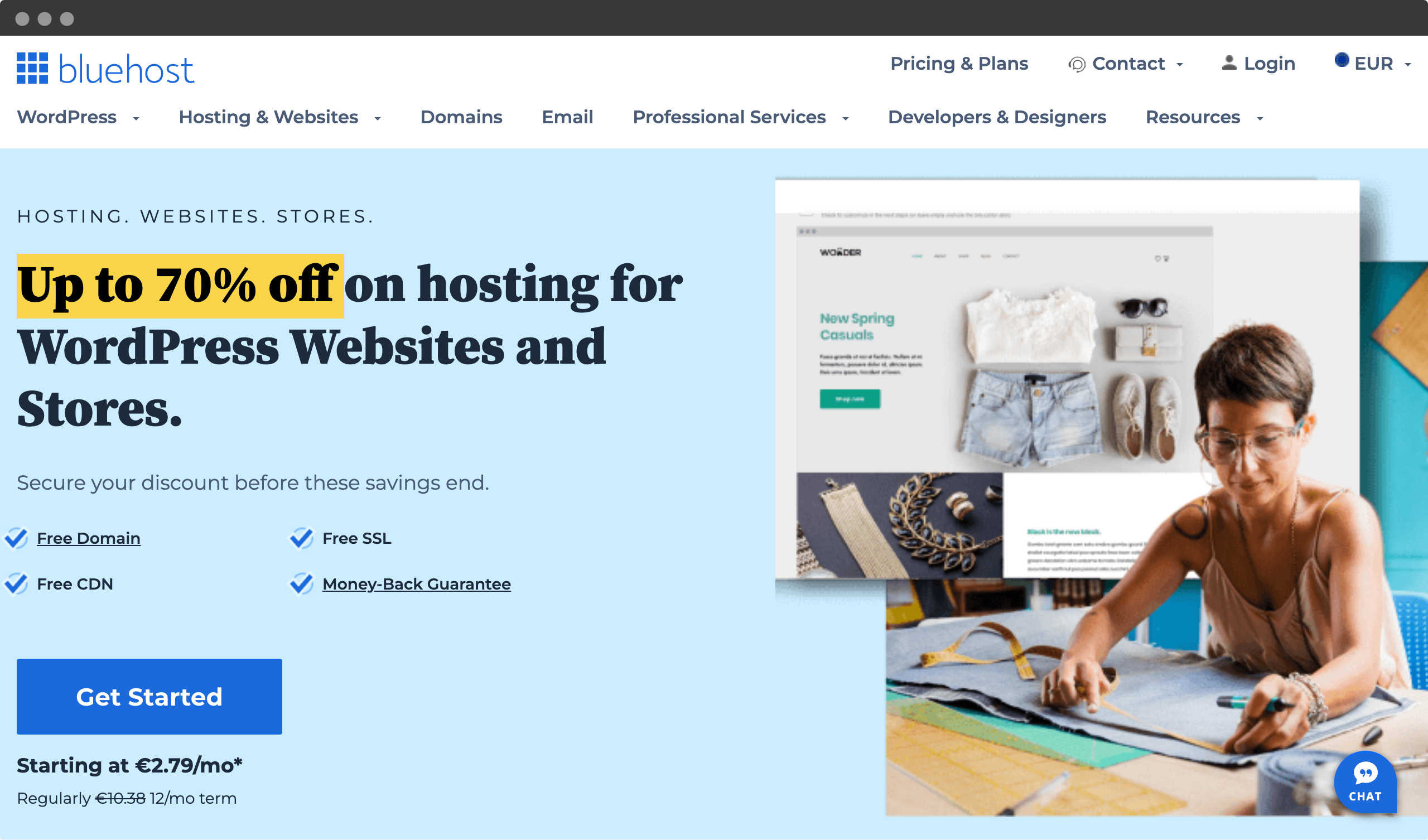 Screenshot of the Bluehost page - hosting provider for WordPress sites