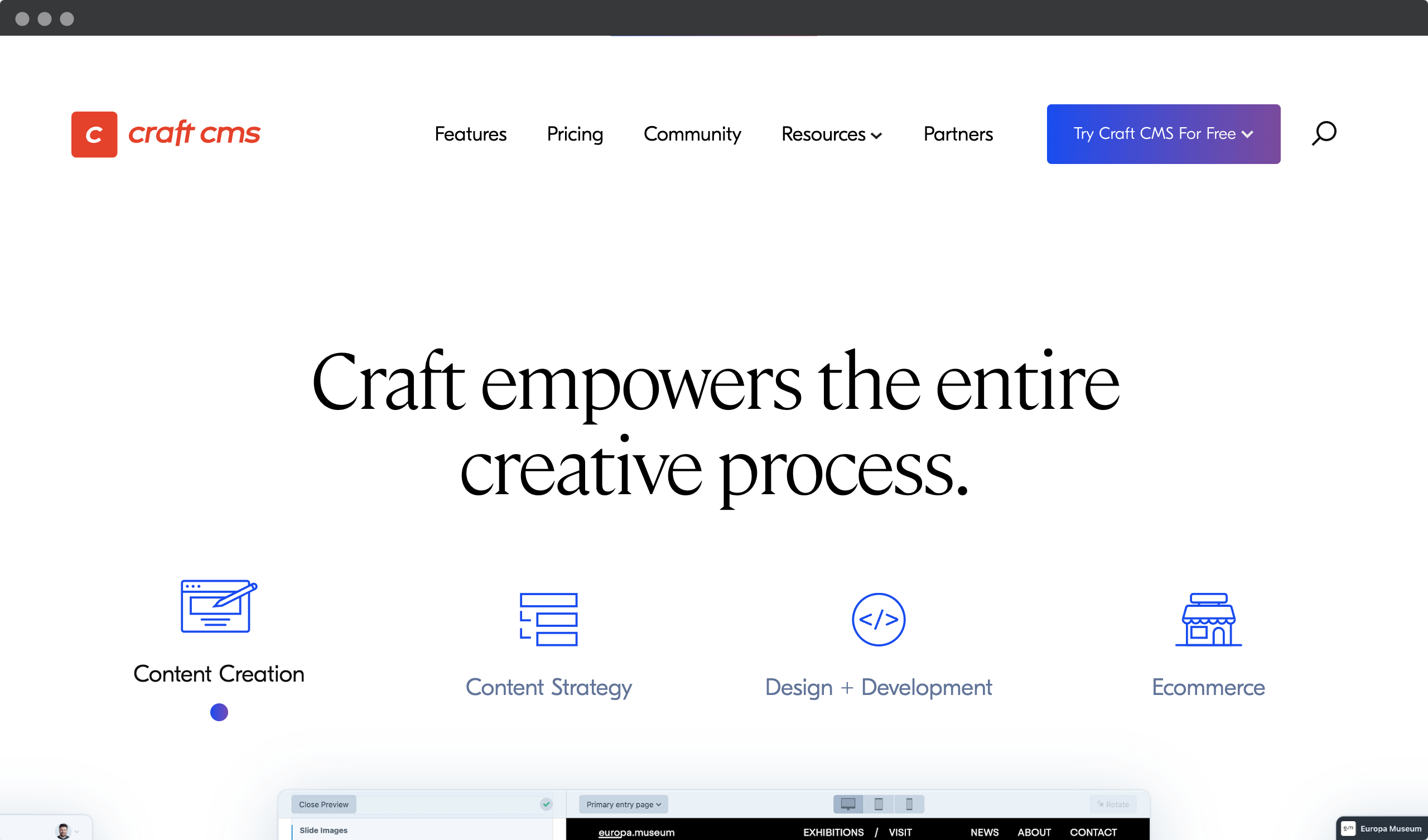 Screenshot of the Craft cms website