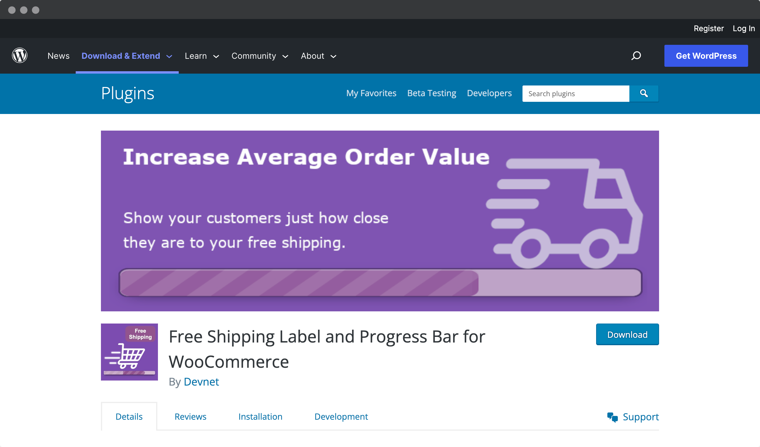 Screenshot of worpdress website - Free Shipping Label and Progress Bar for WooCommerce by Devnet