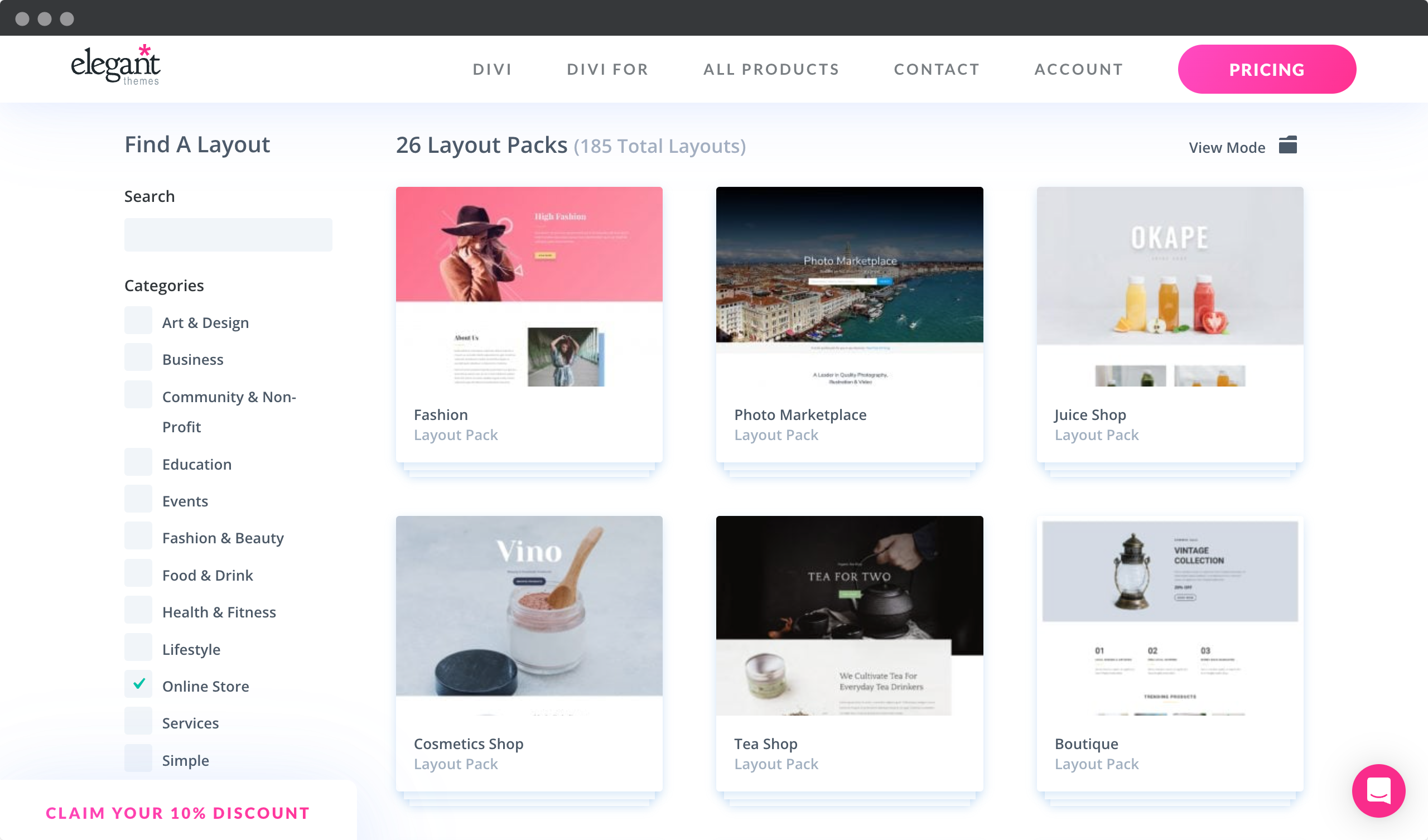Screenshot of Elegant Themes Website - Theme selection for WordPress