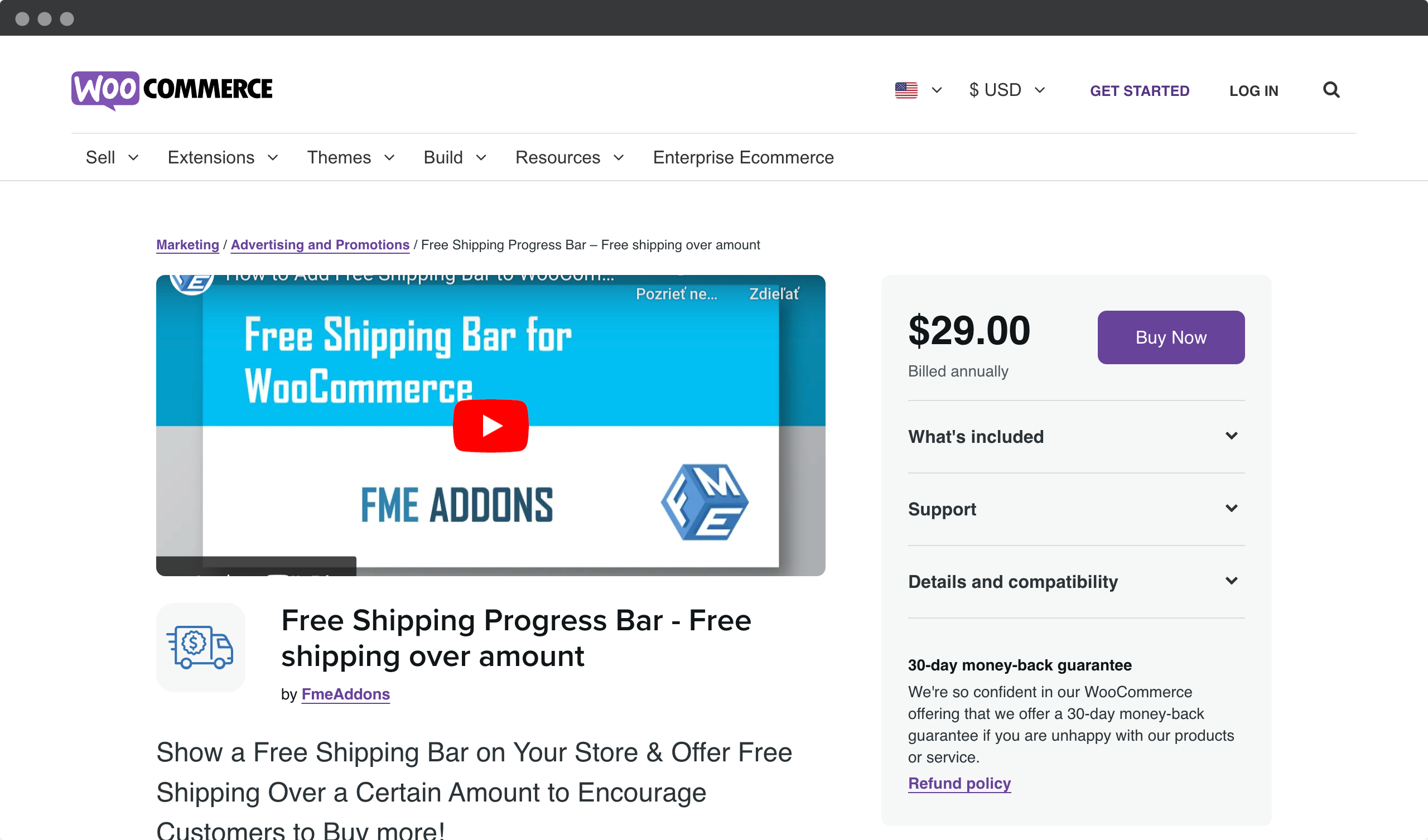 Screenshot of woocommerce website - FME Free shipping plugin page
