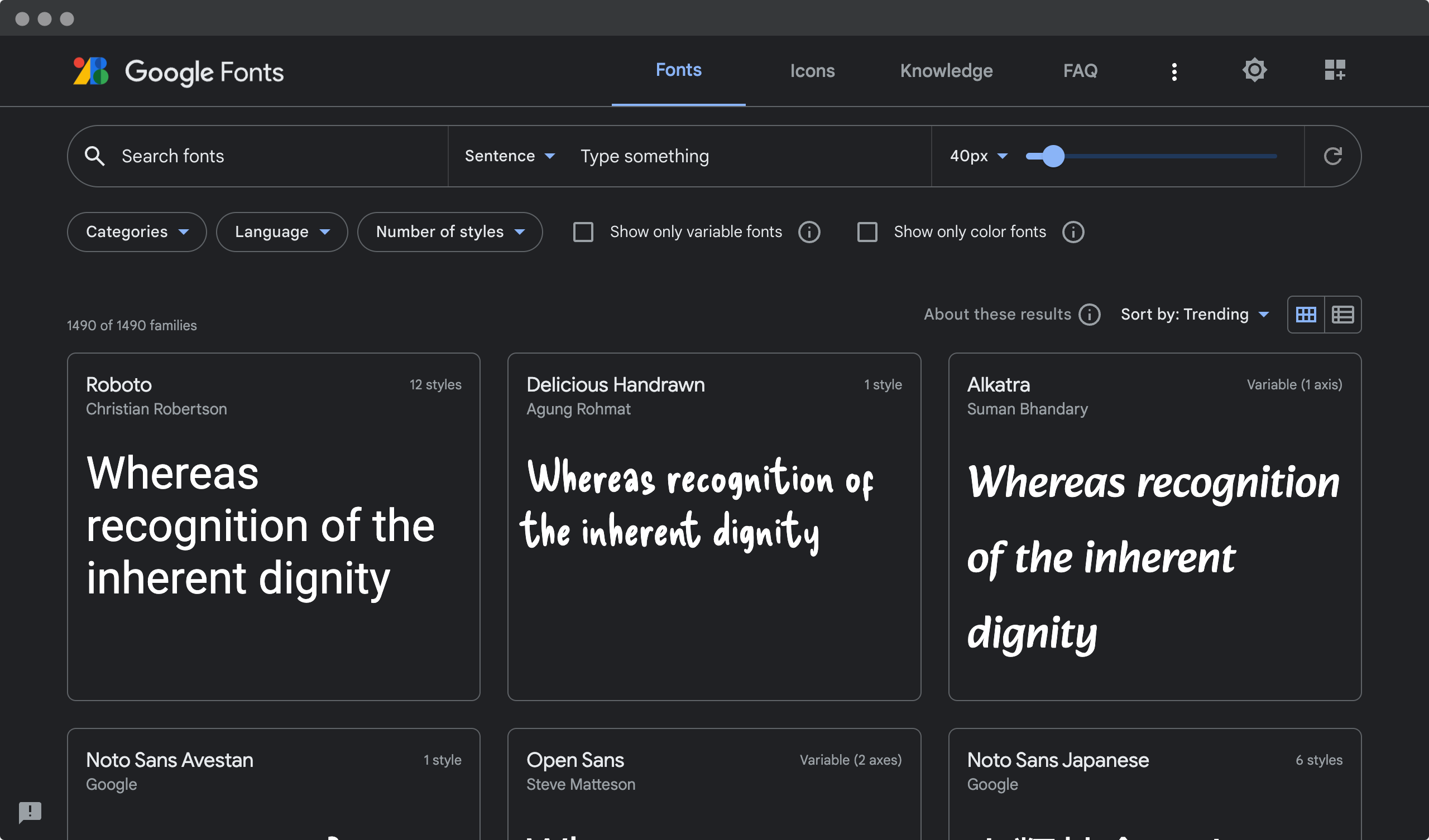 Screenshot of the Google Fonts website with a selection of fonts