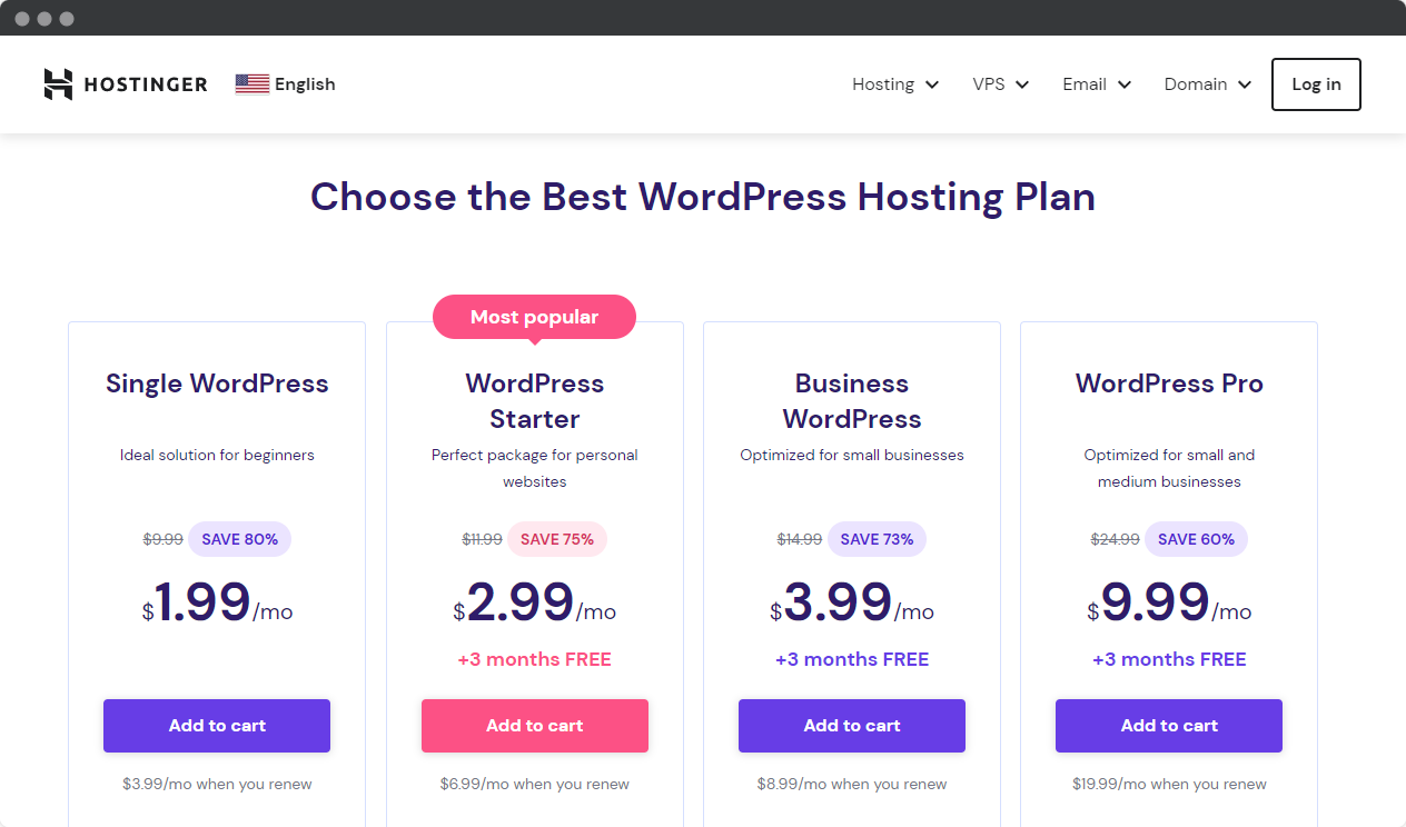 Screenshot of the price plan of Hostinger Wordpress hosting provider