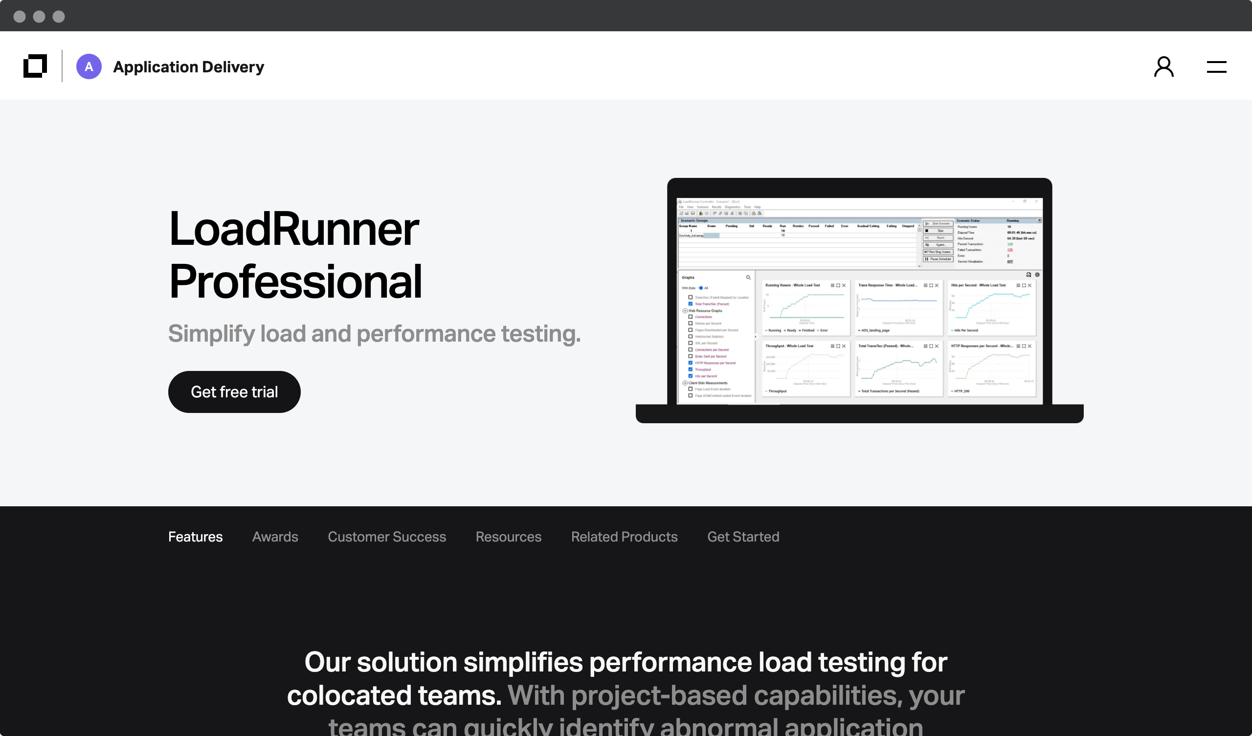 Screenshot of LoadRunner homepage - WooCommerce performance testing tool