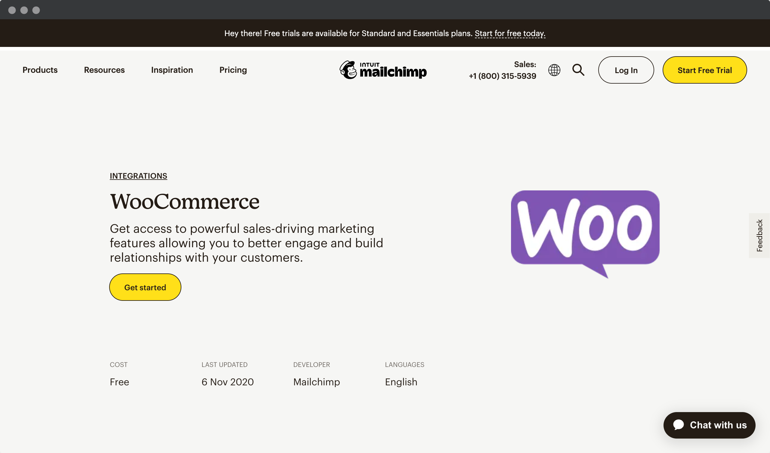 Screenshot of Mailchimp website - Woocommerce and Mailchimp plugin download page