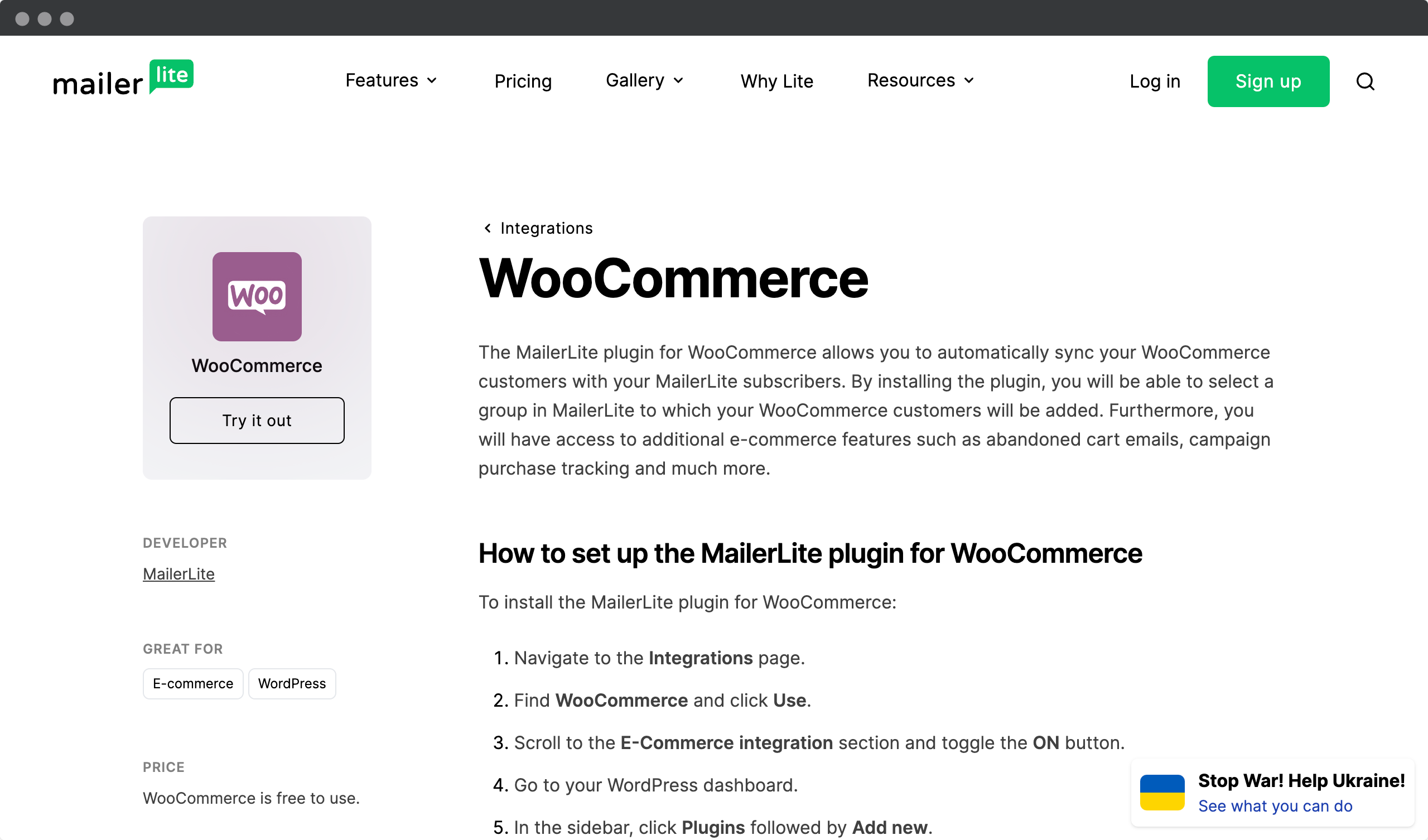 Screenshot of Mailer Lite website - Woocommerce and Mailer Lite plugin download page