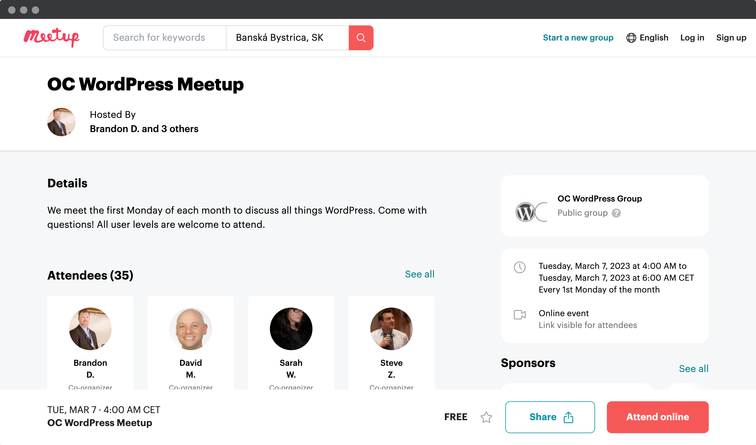Screenshot of the meetup website - page showing OC WordPress Meetup event informations