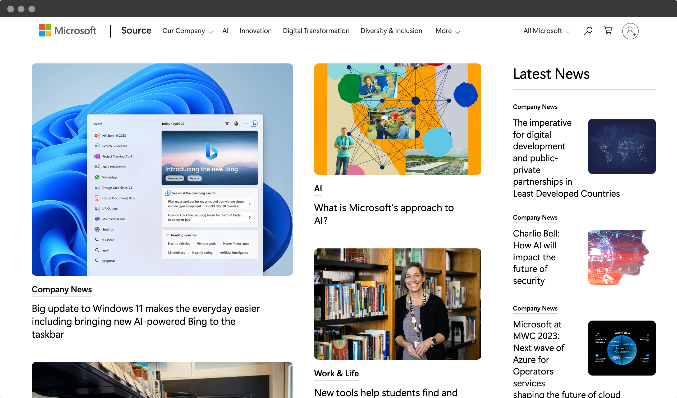 Screenshot of Microsoft Source website - Page built on WordPress using Elementor