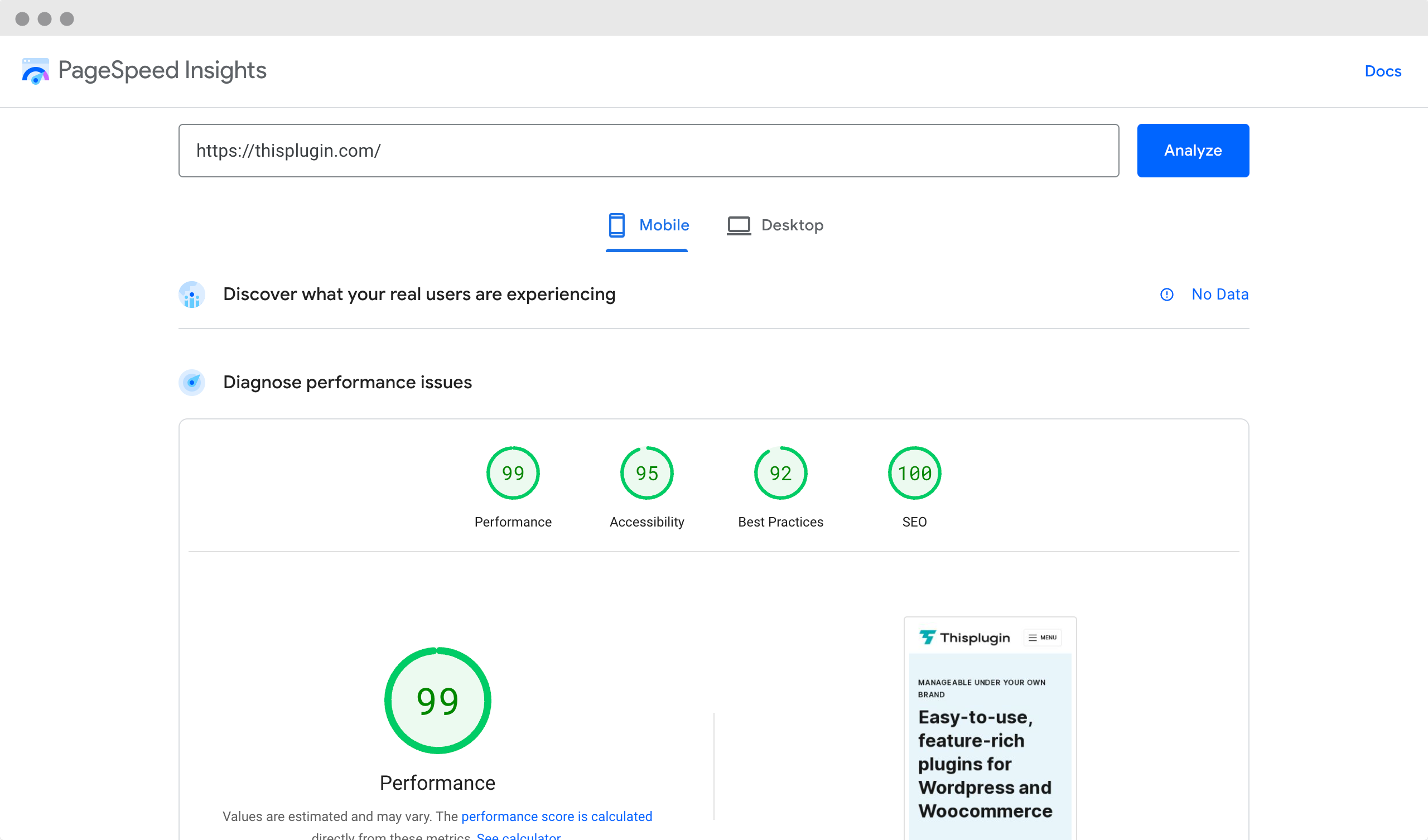 Screenshot of the website of Google's Pagespeed Insights service - this plugin analyzes website speed.
