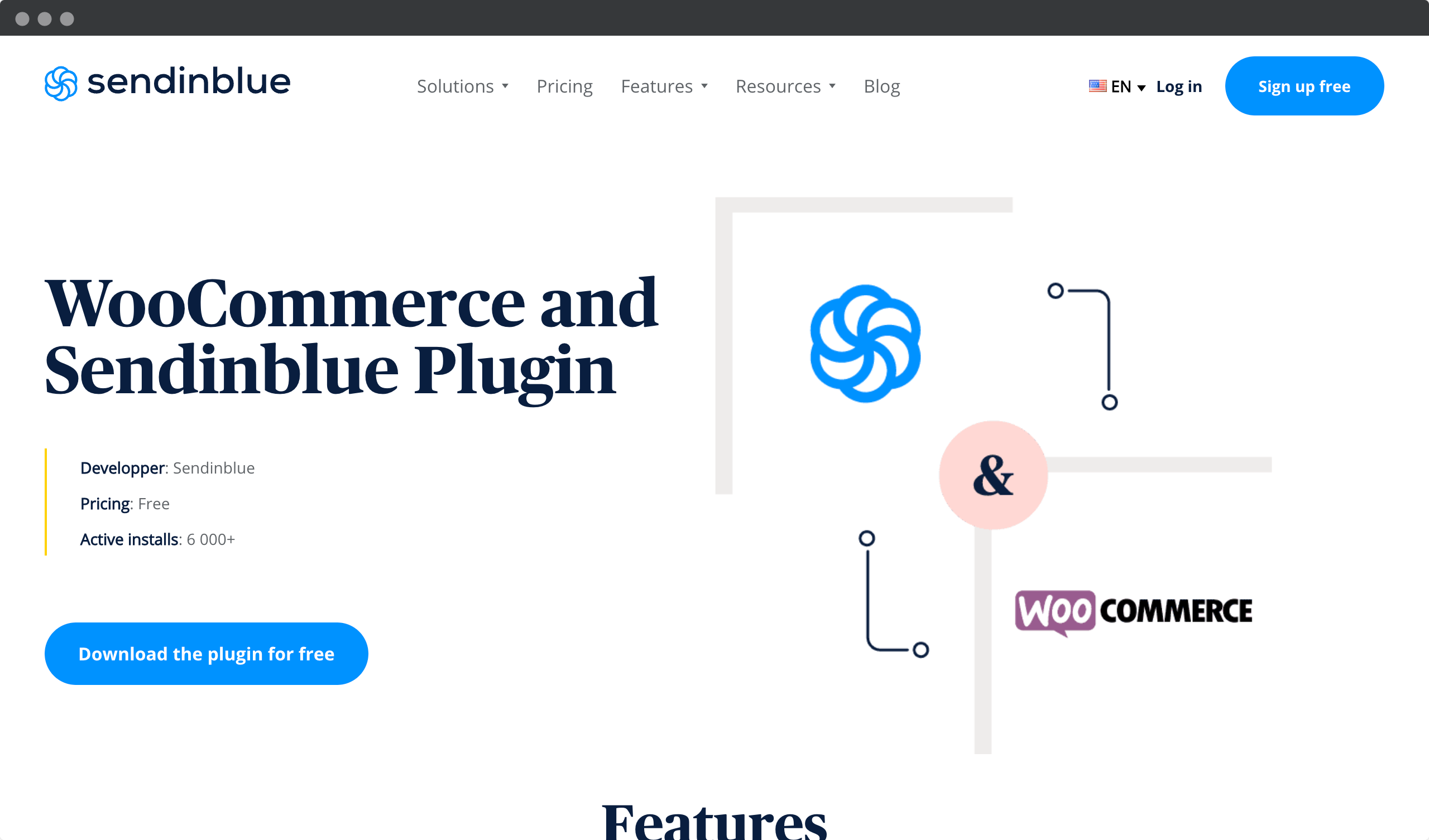 Screenshot of Sendinblue website - woocommerce and Sendinblue plugin download page