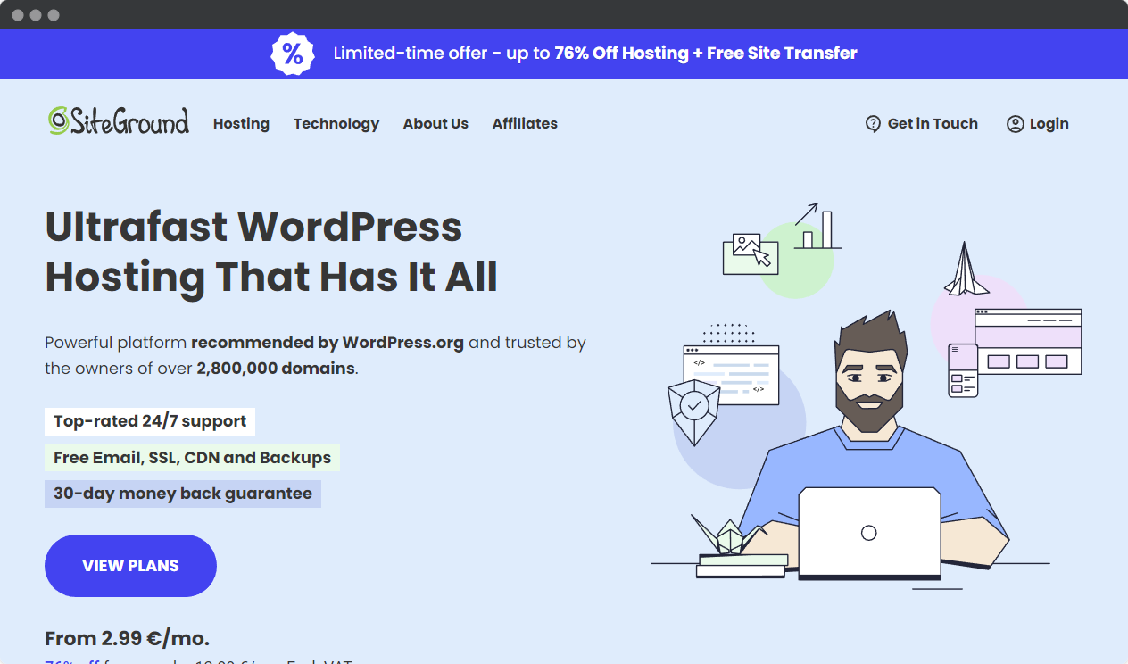 Screenshot of the homepage of Siteground Wordpress hosting provider