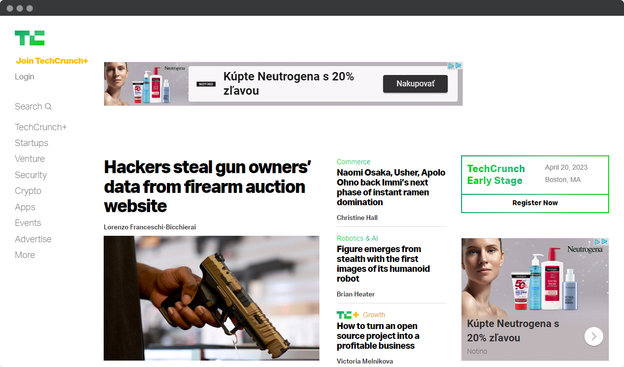 Screenshot of the home page of Techcrunch.com, which is built on Wordpress.