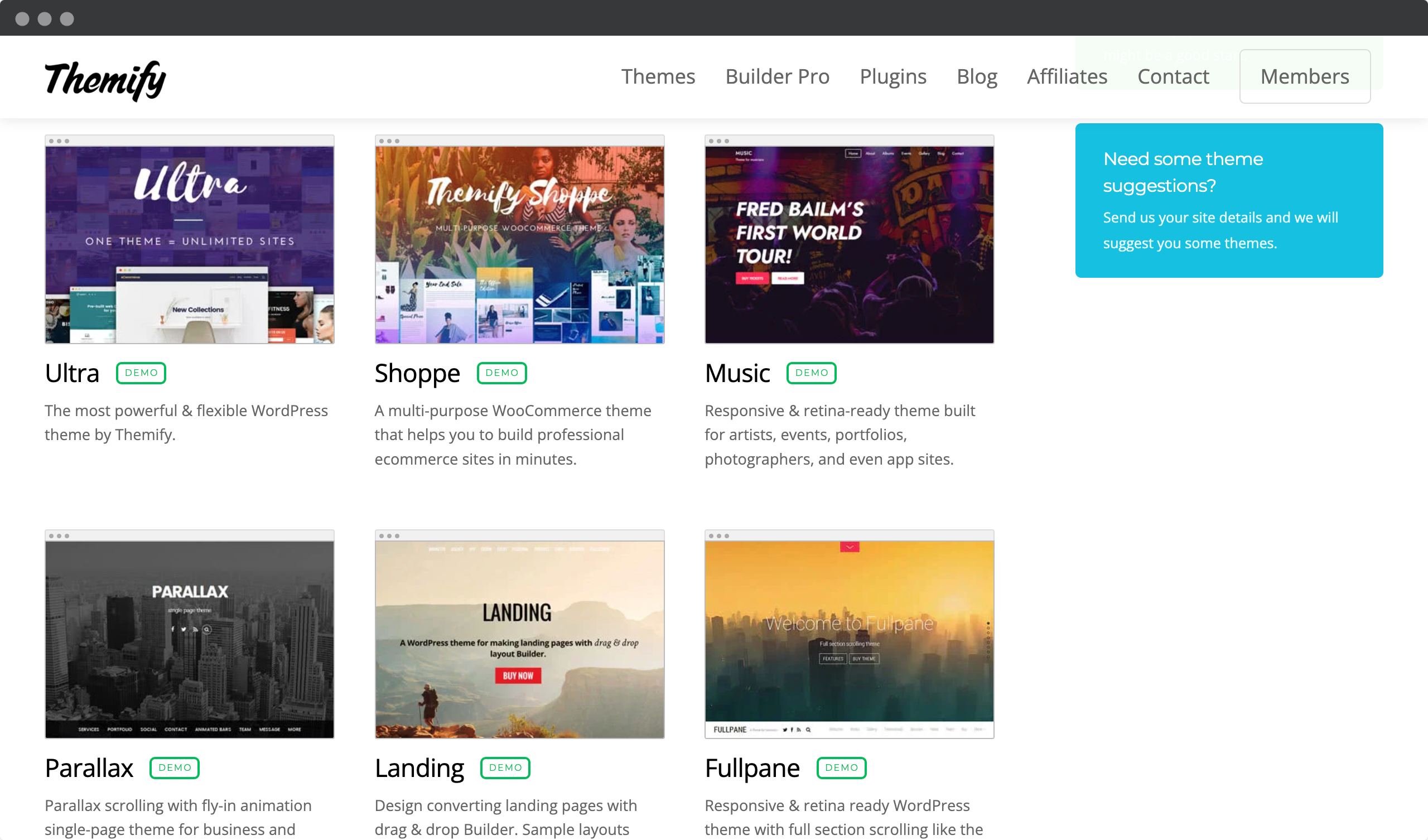 Screenshot of Themify Website - Theme selection for WordPress