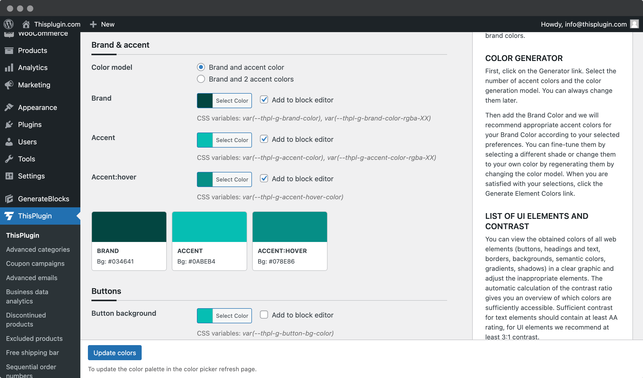 Screenshot of web browser with plugin - Thisplugin Manager - Global colors tab - Add to block editor tool