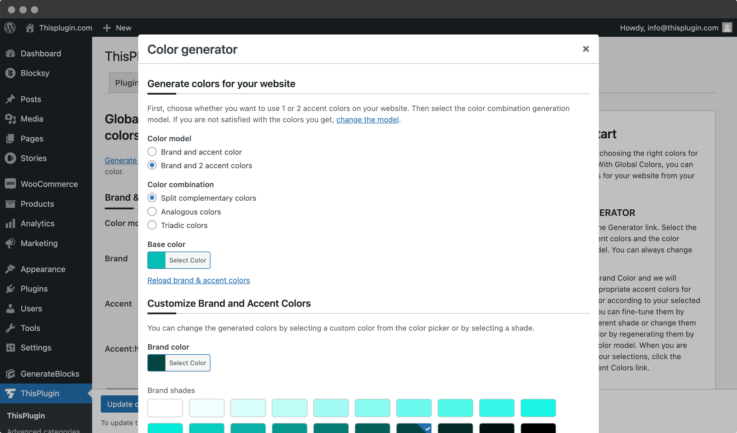 Screenshot of web browser with plugin - Thisplugin Manager - Global colors tab - Generate colors tool