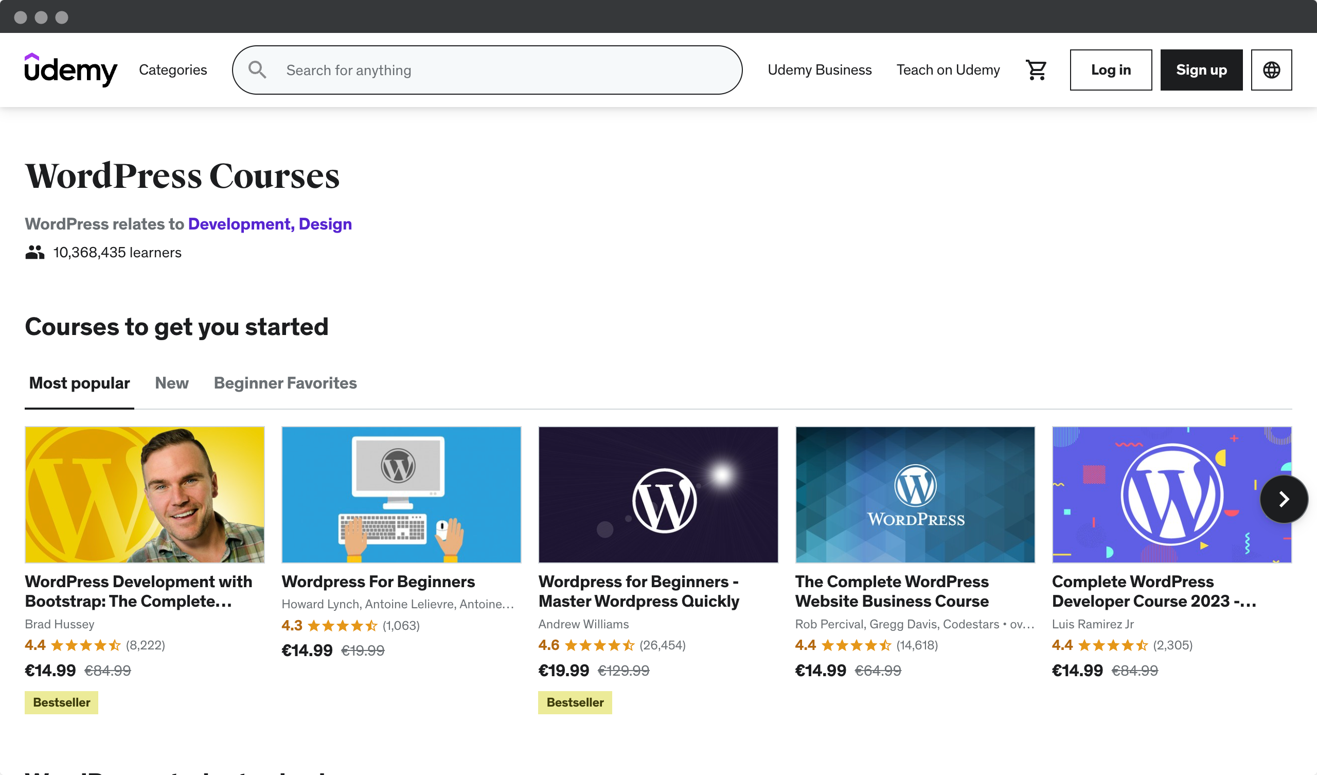 Screenshot of the Udemy website - list of WordPress courses