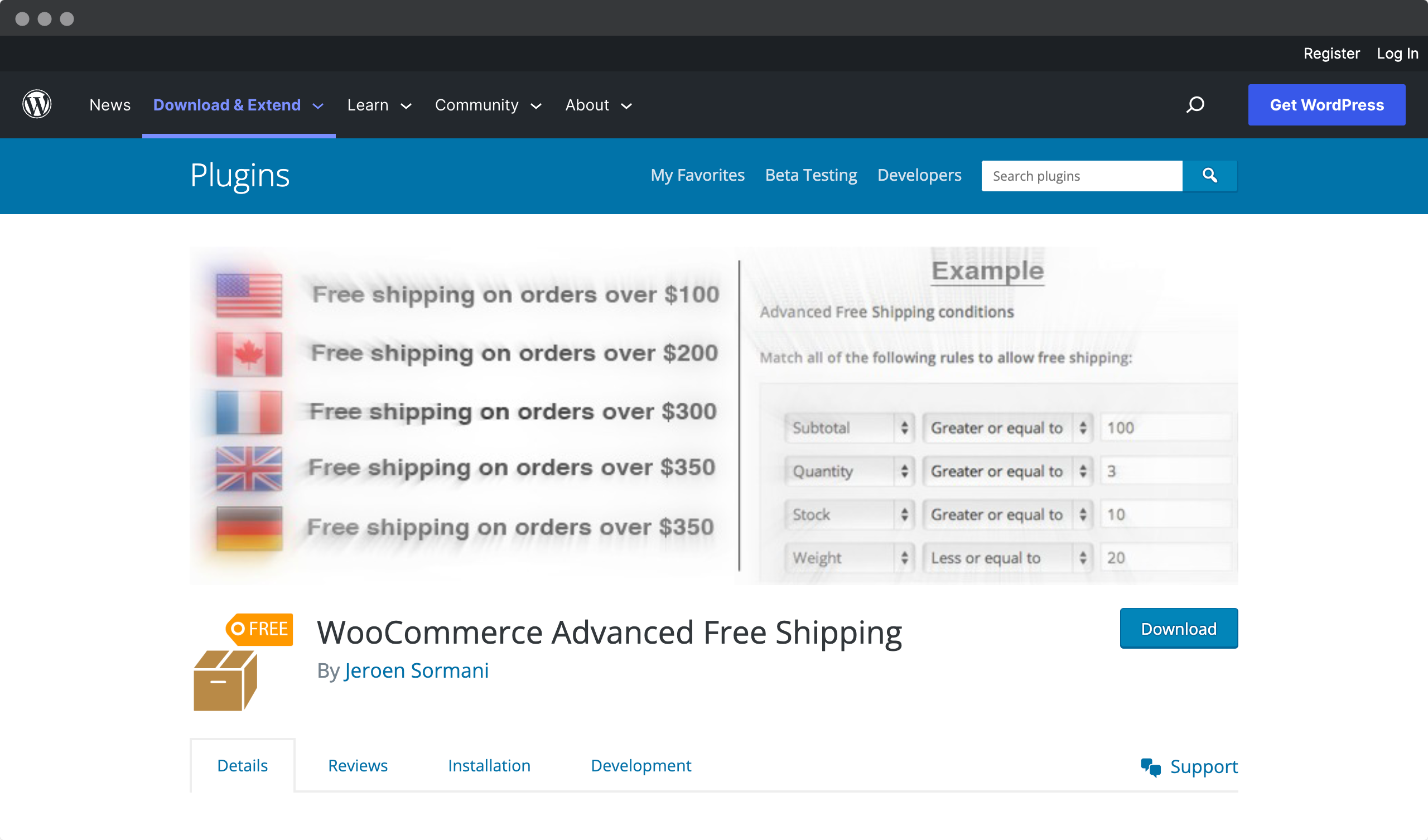 Screenshot of wodpress.org website - WooCommerce advanced free shipping plugin