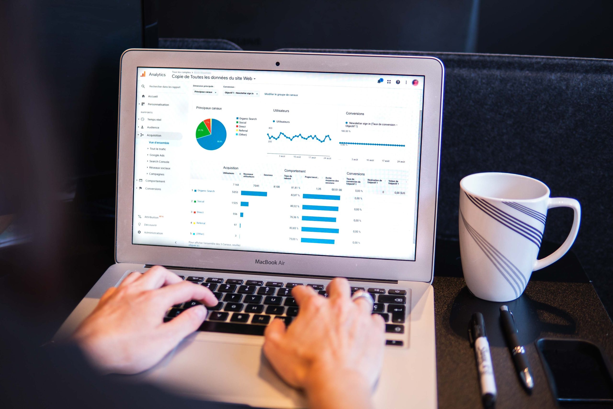 Photo of a Macbook Air on a table with a woman's hands typing on a keyboard and a Google Analytics dashboard on the display.