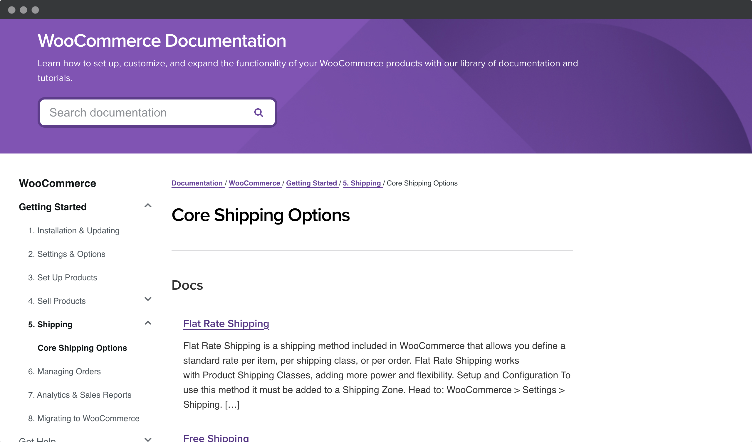 Screenshot of the WooCommerce website - documentation with shipping options