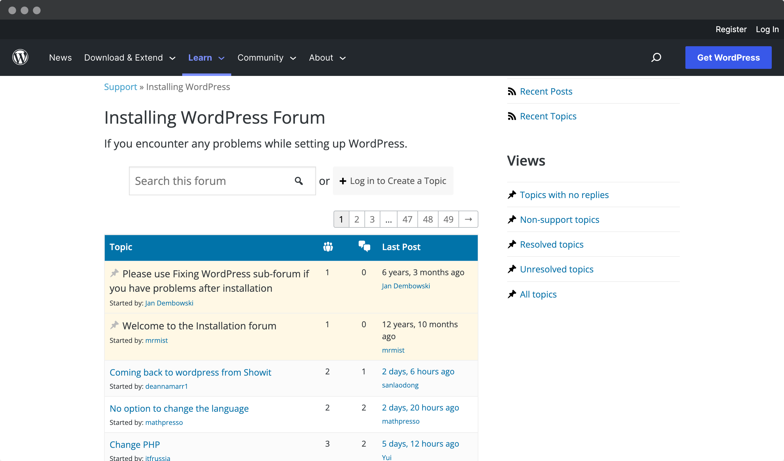 Screenshot of the wordpress.org website - Installing wordpress forum page
