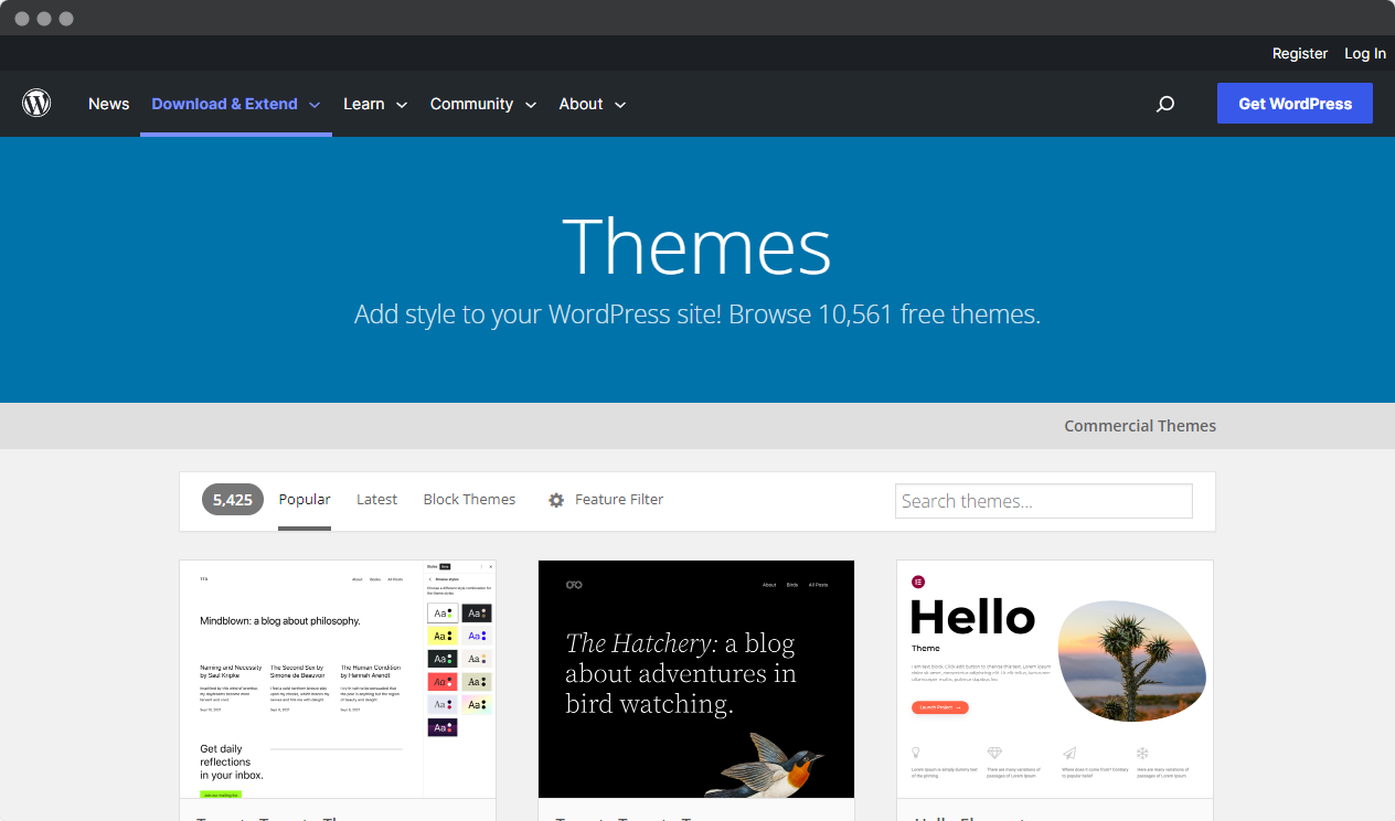 Screenshot of a WordPress website with a selection of themes