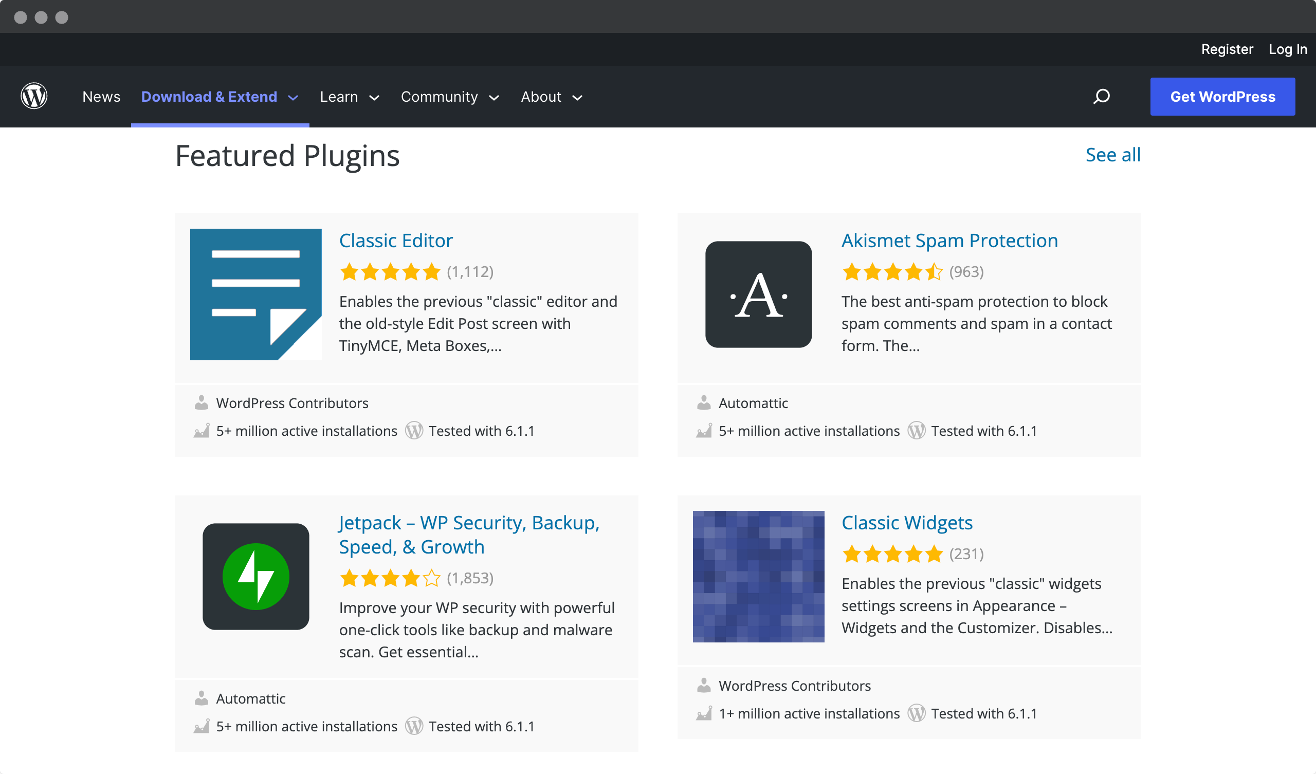 Screenshot of the wordpress.org website with a selection of plugins