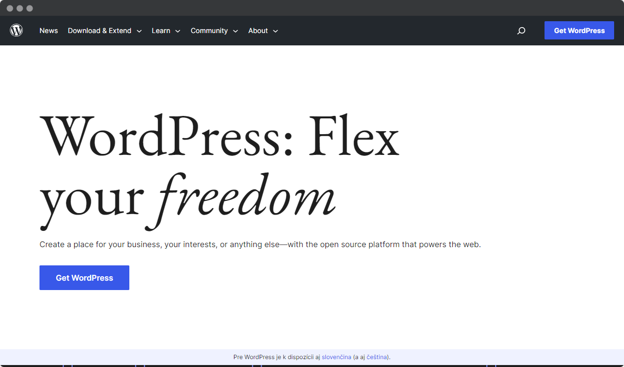 screen of homepage from Wordpress.org
