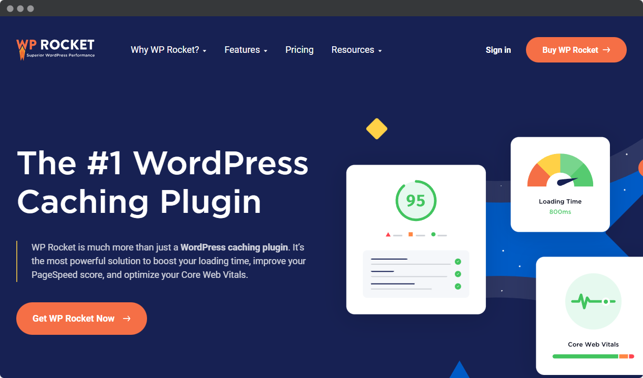 Screenshot of WP Rocket website - caching plugin for WordPress
