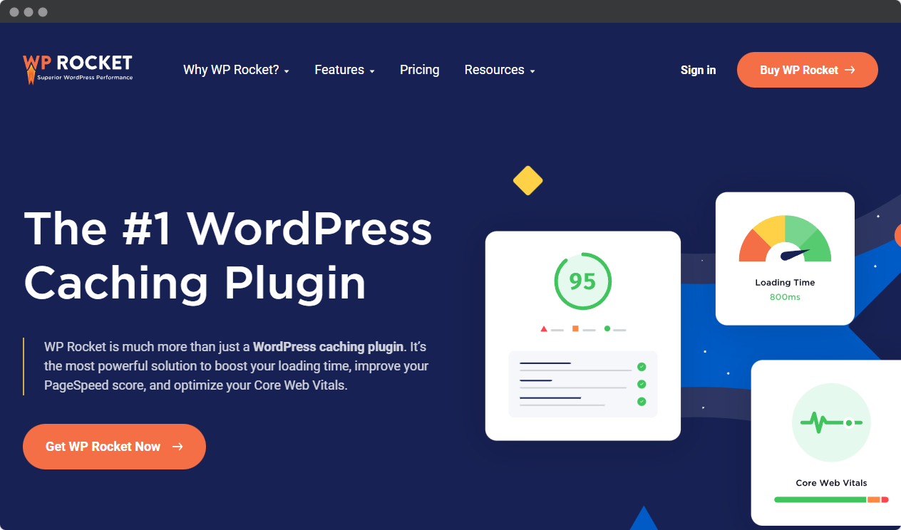 Screenshot of the homepage of WP-rocket.me - Wordpress caching solution
