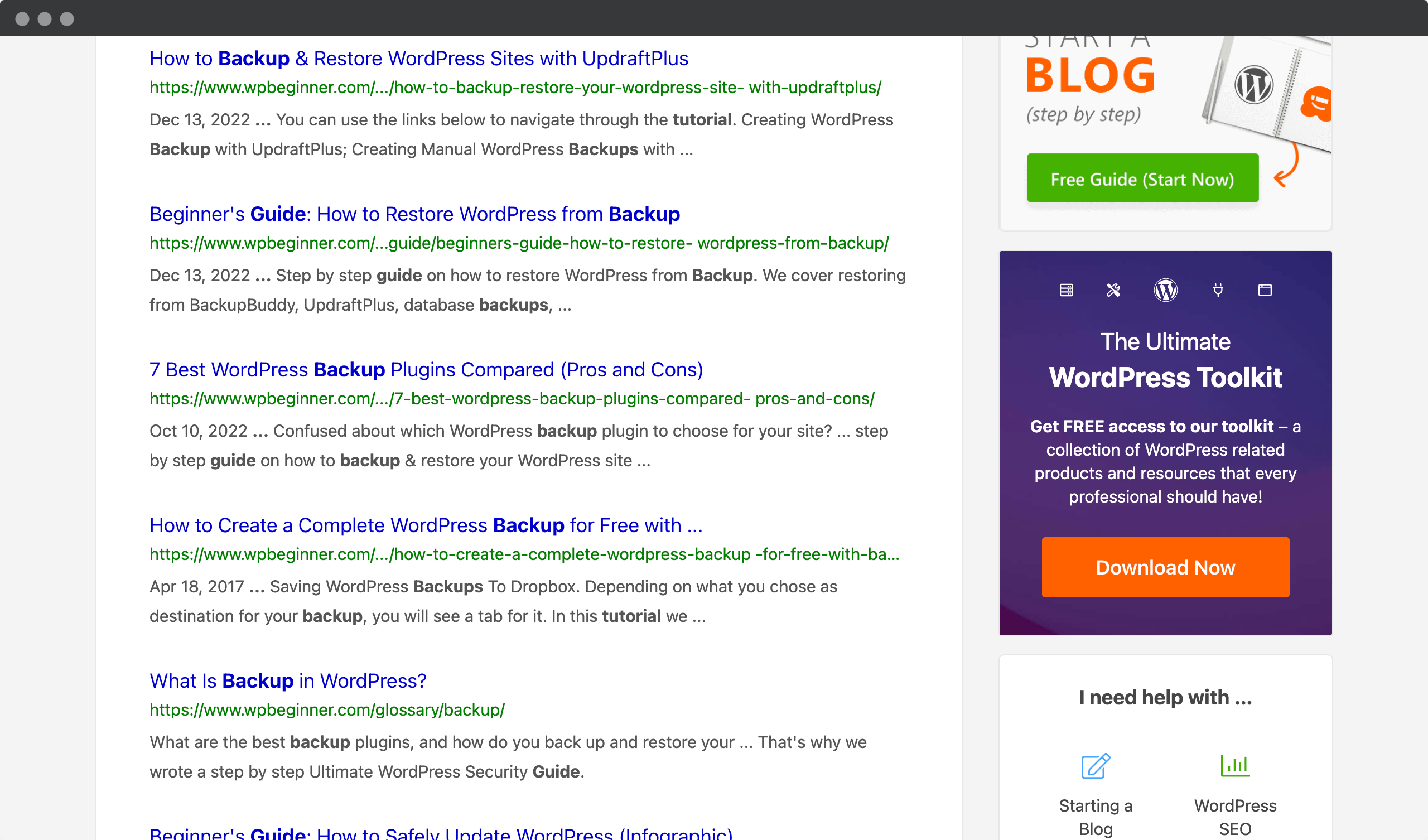 Screenshot of the WPBeginner page - a page with a list of tutorials for backing up WordPress websites.