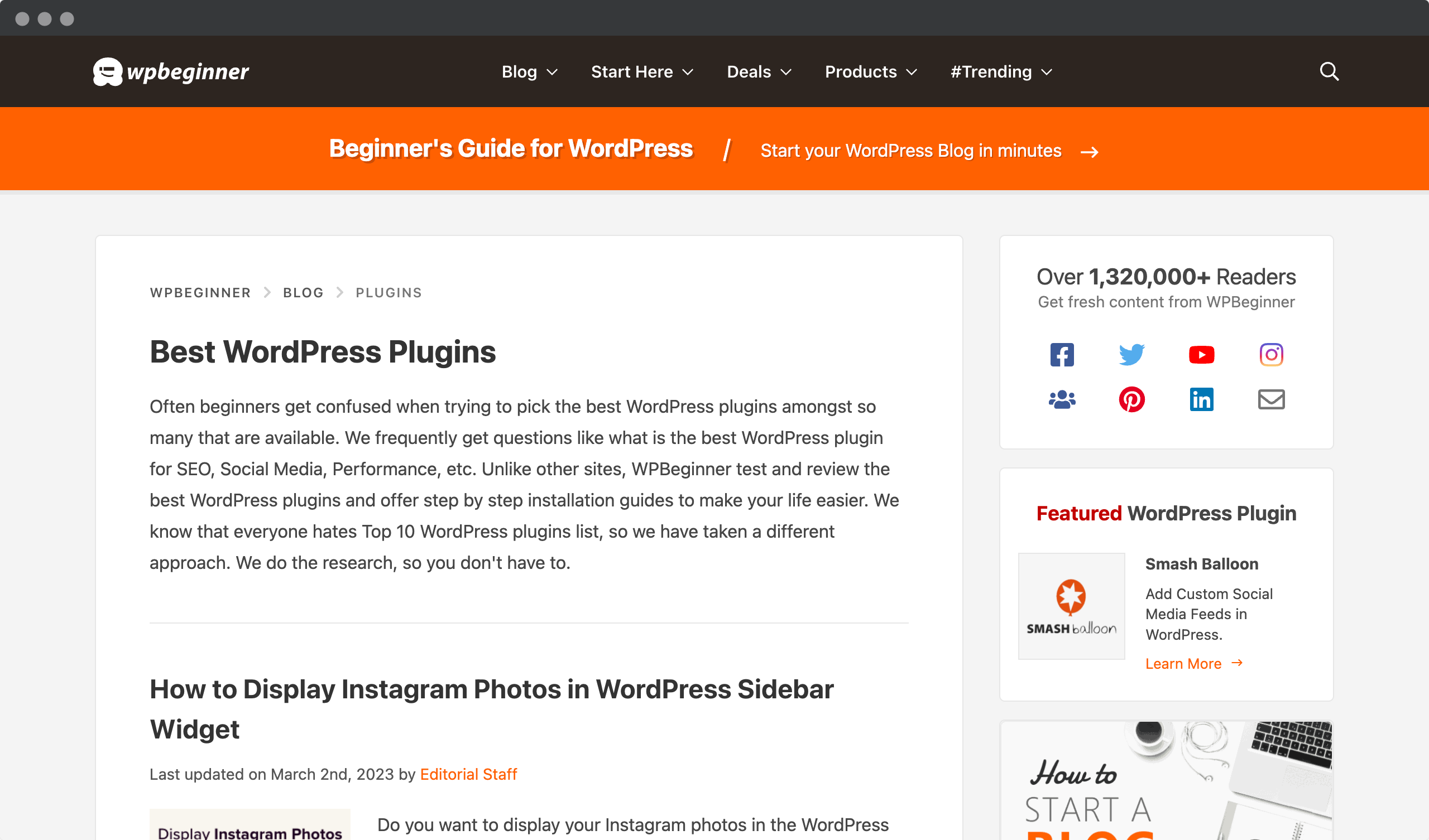 Screenshot of the WP Beginners website - showing the blog with articles about plugins.